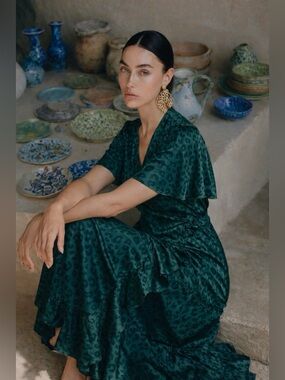 Function & Fringe Edit | Teal Satin Leopard Jacquard High-Low Maxi Wrap Dress